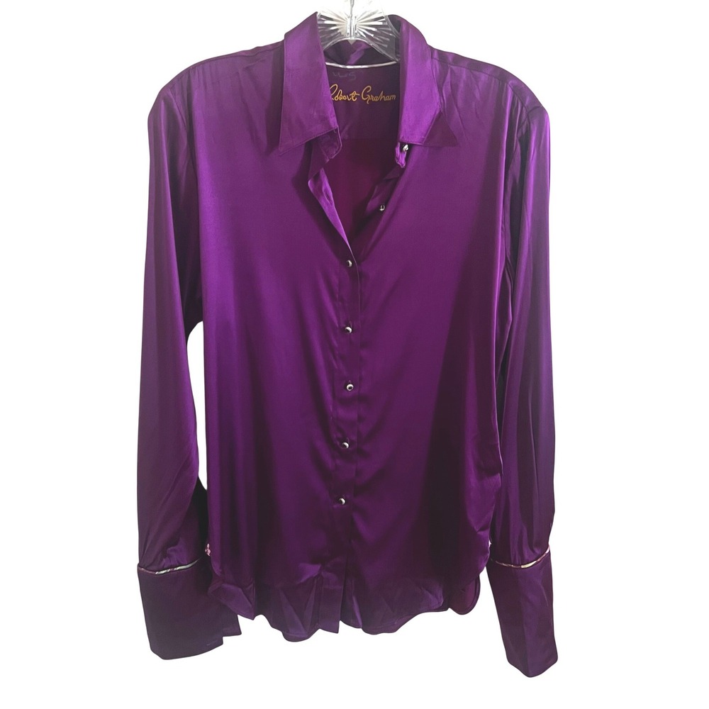 Robert Graham Purple Satin Button Down Silk Long Sleeve Floral Trim Mens Small